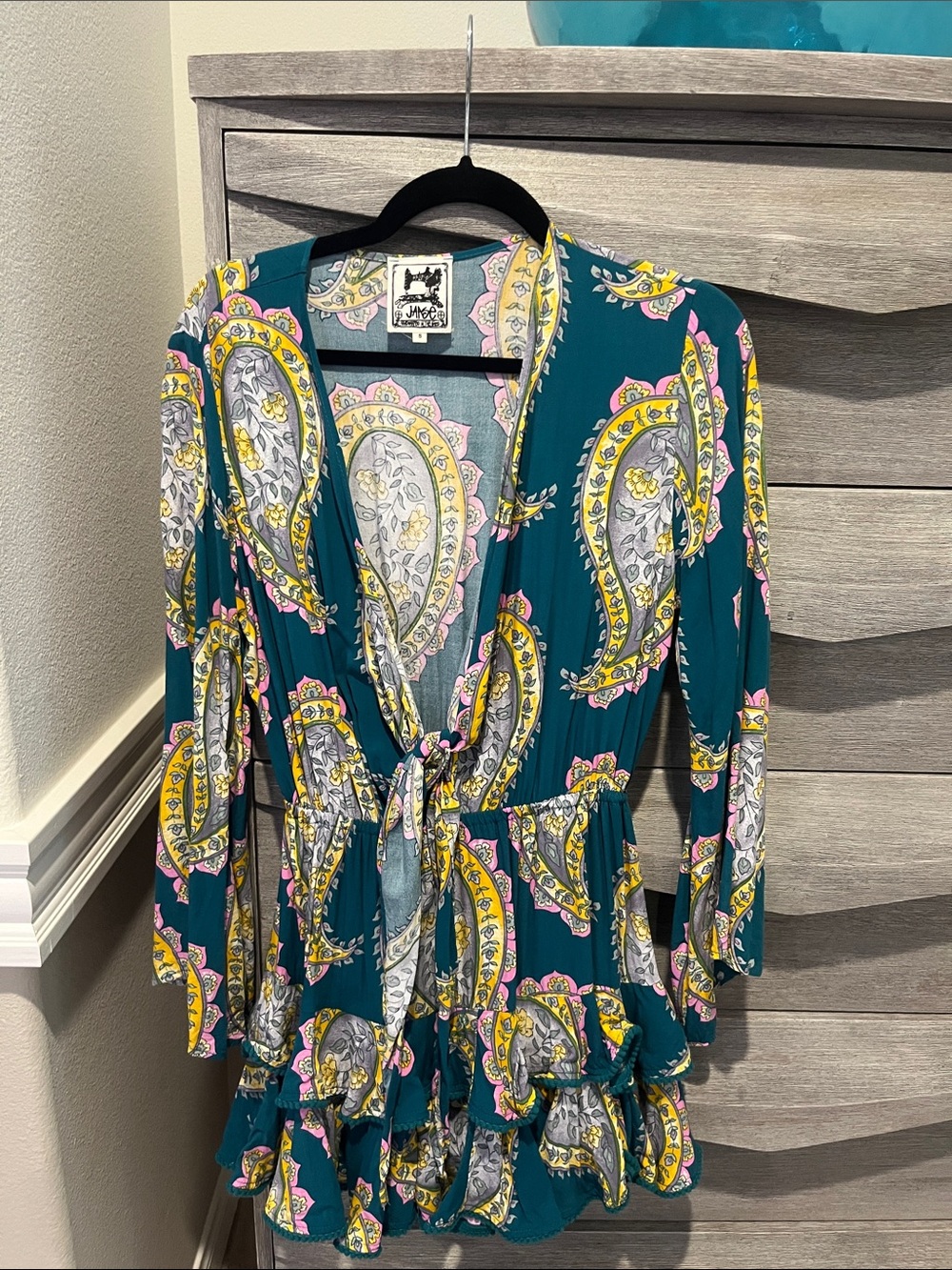 Vibrant Teal Paisley Tie-Waist Women's dress